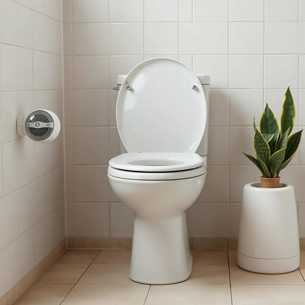 Desodorante colocado en un inodoro moderno con baño limpio y luz natural