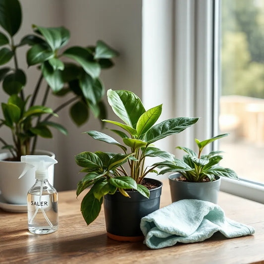 Plantas de interior con hojas brillantes junto a una botella pulverizadora y un paño de microfibra