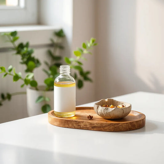 Difusor de vidrio y botánicos secos sobre una mesa, con luz natural suave en un interior