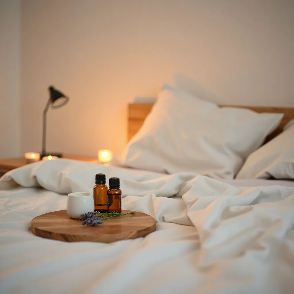 Difusor con aceites esenciales y lavanda en una mesa junto a la cama con iluminación cálida