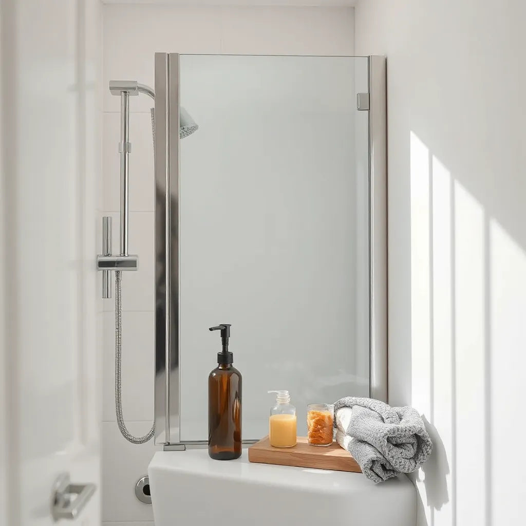 Botella de spray para la ducha junto a la mampara de vidrio en un baño limpio y luminoso
