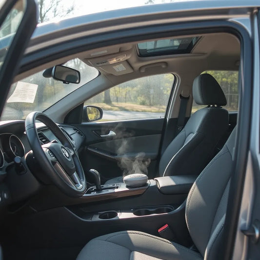 Dispositivo eliminador de olores sobre la consola central en el interior de un coche, con luz natural