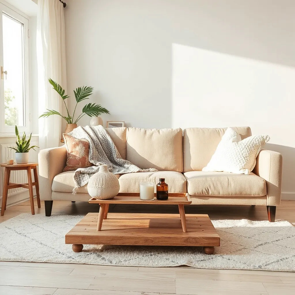 Sala de estar luminosa y acogedora con textiles cálidos, plantas y un difusor sutil
