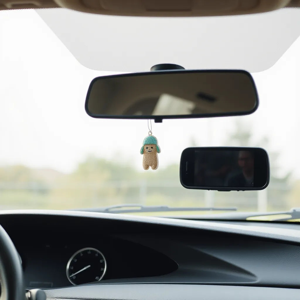 Auto aromatizante moderno en el interior del coche, cerca del espejo retrovisor, con luz suave