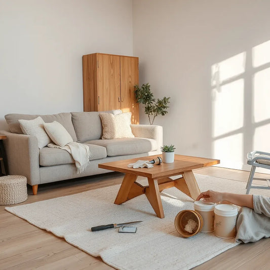 Renovación de un living con una mesa de madera lijada, materiales de restauración y luz natural cálida
