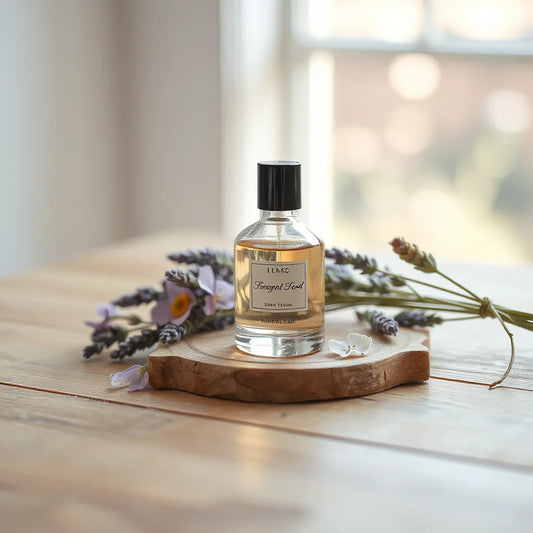 Botella de perfume de vidrio con flores aromáticas bajo luz natural suave