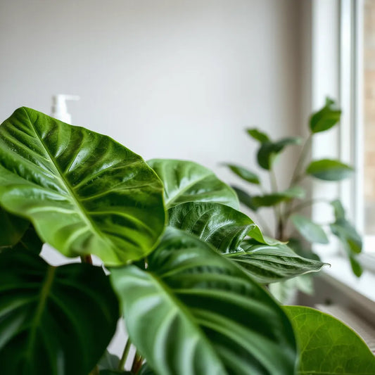 Hojas de planta de interior con brillo y un spray aplicándola con luz natural suave