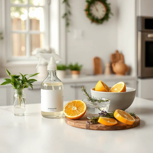 Botellas de limpiador aromático junto a cítricos y hierbas en una encimera luminosa y ordenada