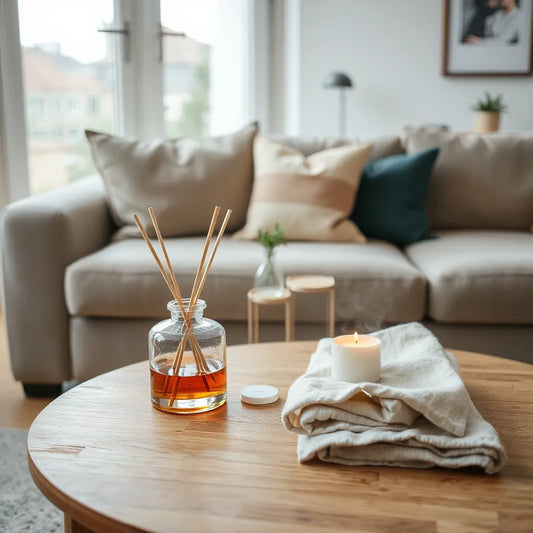 Difusor de fragancia, vela y tejidos en una sala luminosa y acogedora