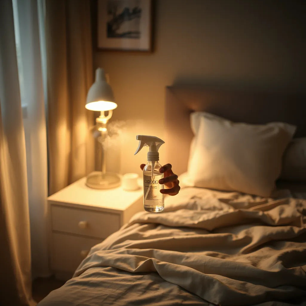 Mano con un spray junto a la mesita de noche, luz cálida y ambiente relajante con bruma sutil