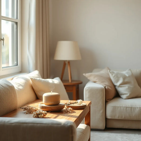 Difusor y vela aromática en una mesa de madera con luz natural y flores frescas