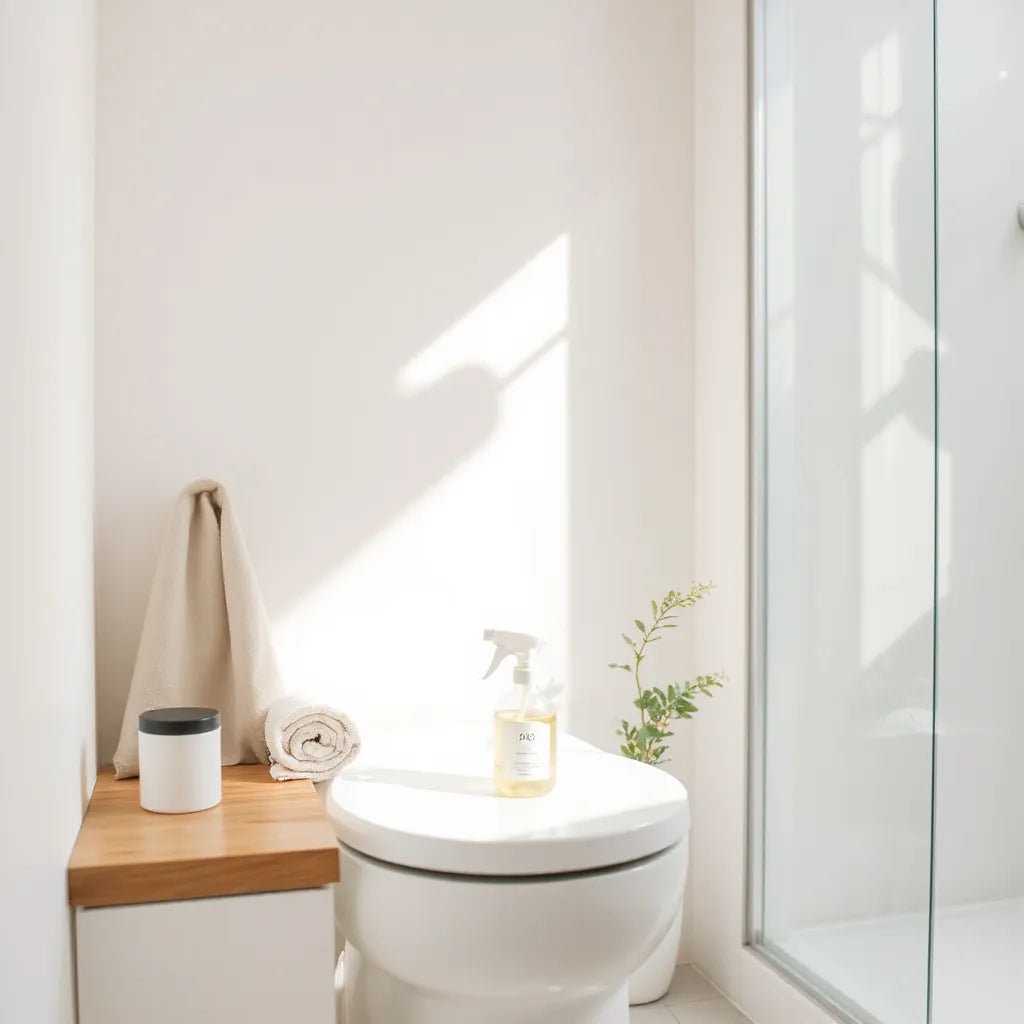 Spray ecológico junto a un inodoro limpio, con toalla y planta en el baño