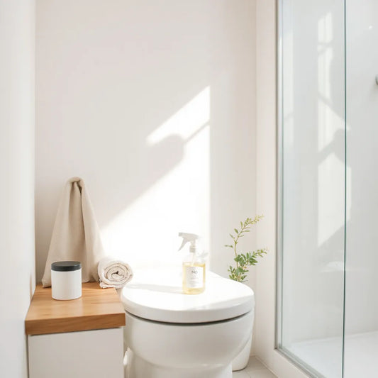 Spray ecológico junto a un inodoro limpio, con toalla y planta en el baño
