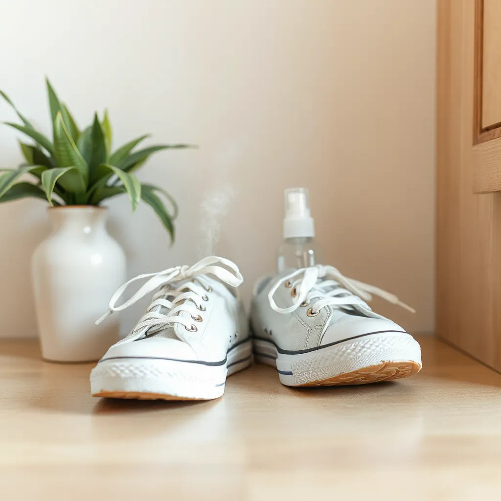 Spray de desodorante aplicado a unas zapatillas cerca de una entrada con luz natural