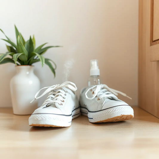 Spray de desodorante aplicado a unas zapatillas cerca de una entrada con luz natural
