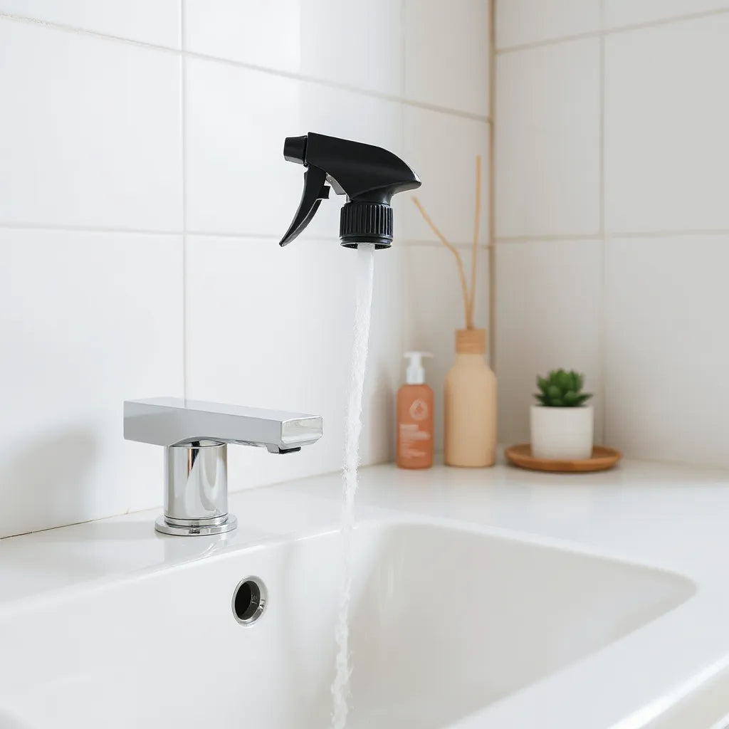 Spray aromatizante en acción sobre un lavabo limpio en un baño moderno