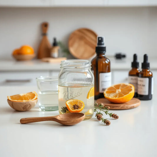 Bote de vidrio y spray casero con ingredientes naturales sobre una encimera luminosa