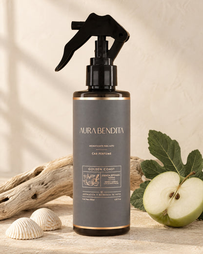 Golden Coast, aromatizante para auto de 200 ml, junto a elementos de su aroma