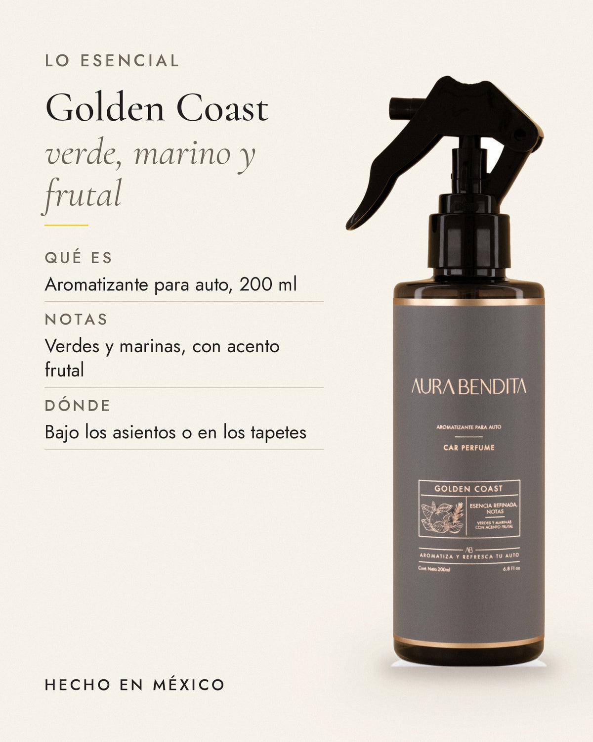 Lo esencial de Golden Coast, aromatizante para auto de 200 ml: notas y datos principales