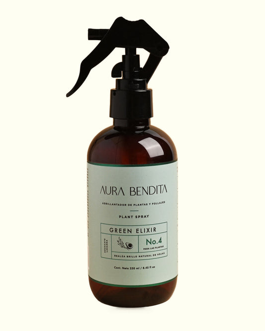Green Elixir, abrillantador de hojas para plantas de 250 ml de Aura Bendita: frasco sobre fondo marfil
