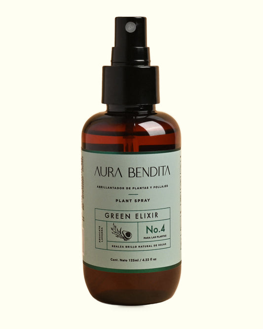 Green Elixir No.4, abrillantador de hojas para plantas de 125 ml de Aura Bendita: frasco sobre fondo marfil
