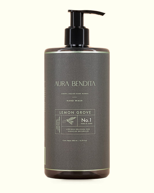 Lemon Grove, jabón líquido para manos de 500 ml de Aura Bendita: frasco sobre fondo marfil