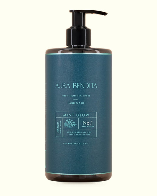 Mint Glow, jabón líquido para manos de 500 ml de Aura Bendita: frasco sobre fondo marfil