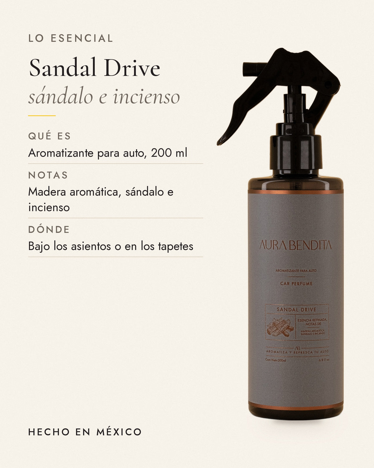 Lo esencial de Sandal Drive, aromatizante para auto de 200 ml: notas y datos principales